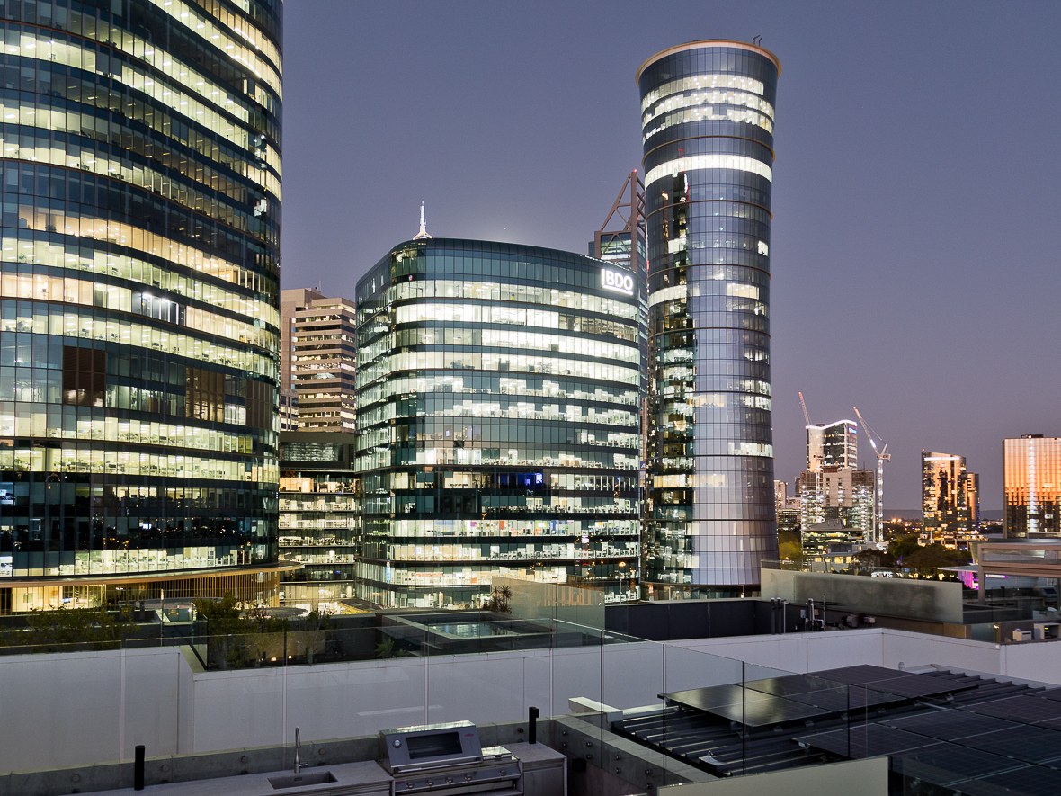 Night view of the Perth city skyline from the rooftop of the Mount St Penthouse